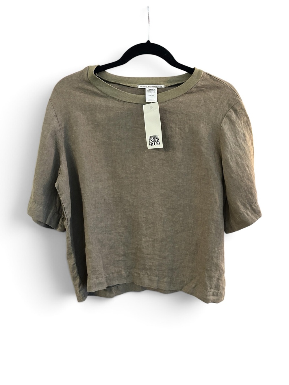 Prairie Underground MWT Relaxed Linen Short-Sleeve Cropped Boxy Top Size M Olive